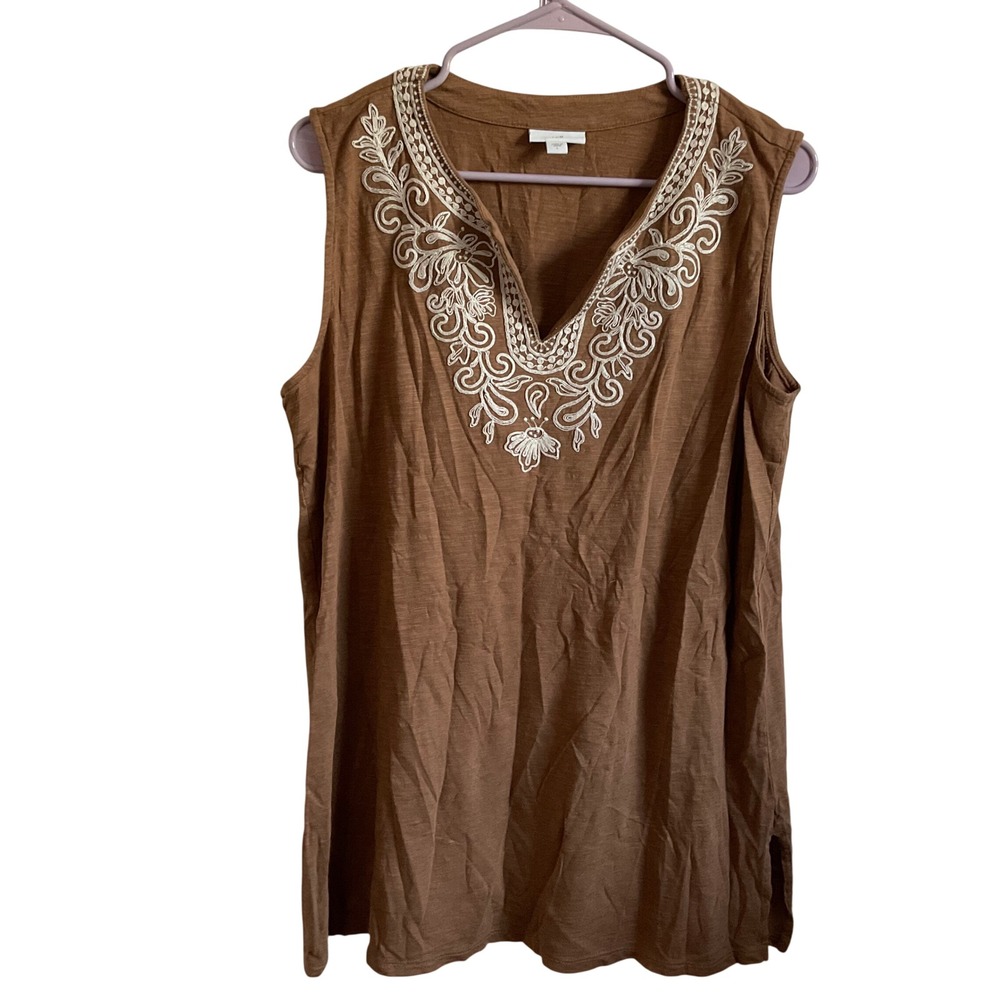 J. Jill Brown Cotton Blend Embroidered Tunic Tank Top - Size Large